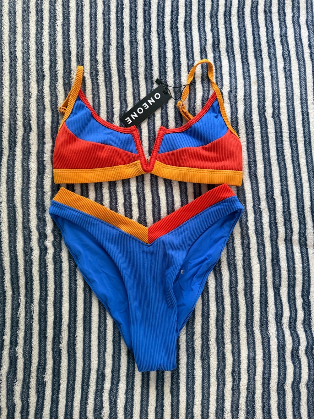 OneOne Colorblock Blue, Red & Orange Ribbed Bikini Set